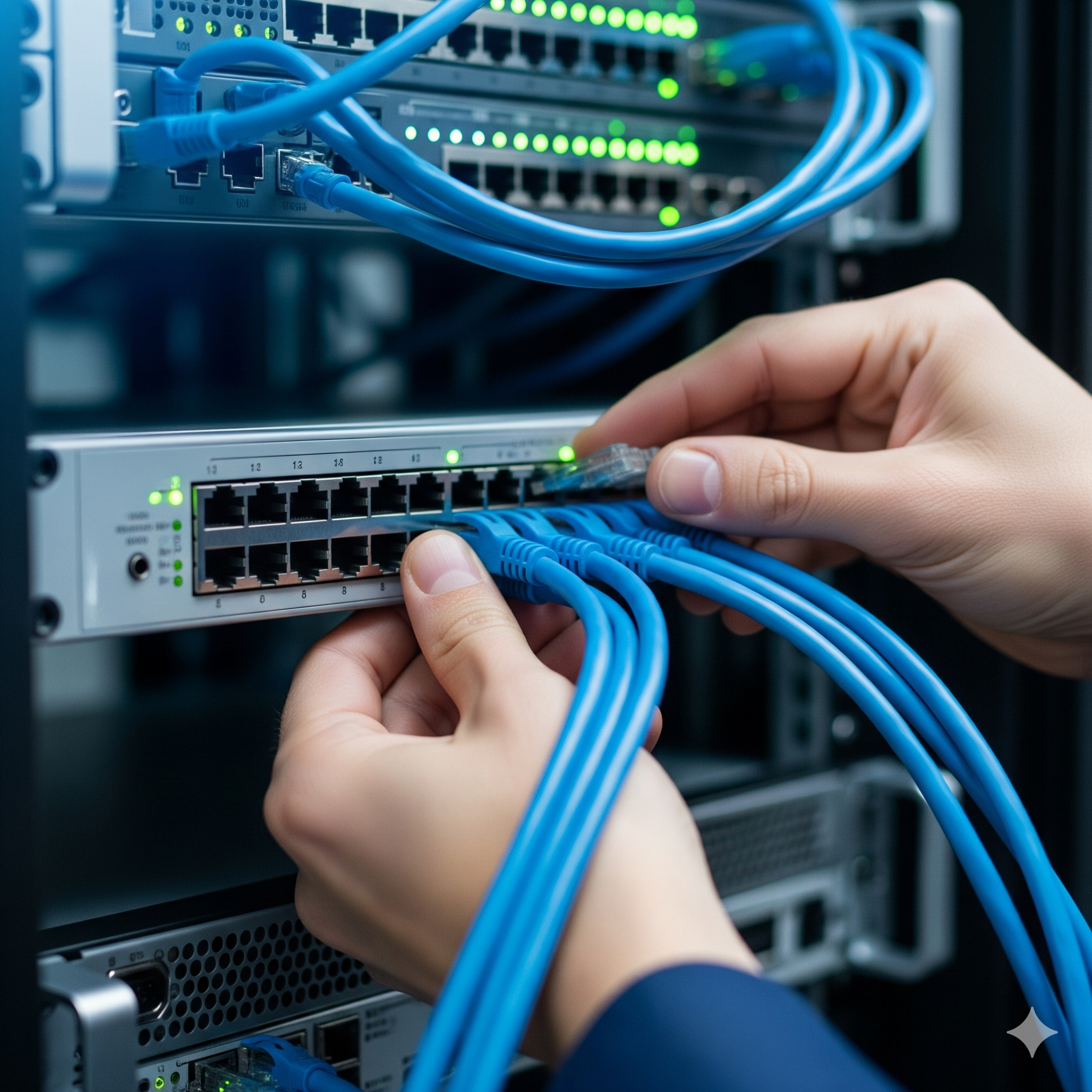 Close-up of a person's hands plugging blue network cables into a switch in a server room with illuminated green LED lights.