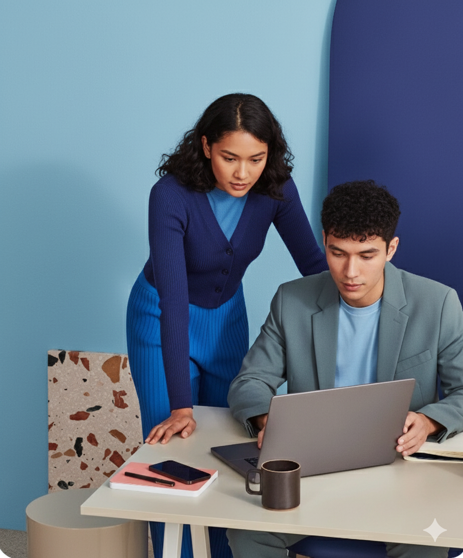 A woman and a man are working together at a desk with a laptop, notebook, pen, smartphone, and coffee mug.
