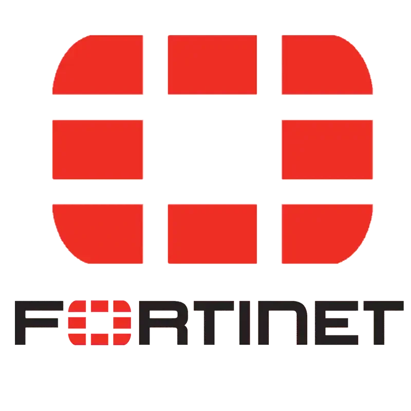 Logo with a red and white grid pattern forming a smiley face above the word 'FORTINET' in black capital letters.