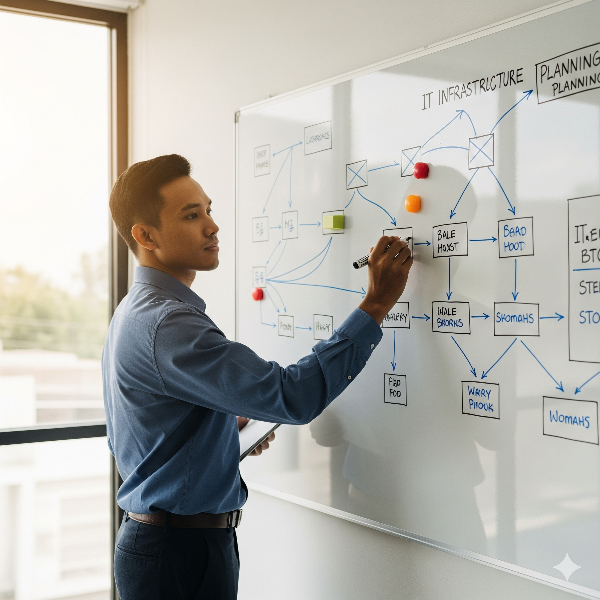A man in a blue shirt writing on a whiteboard with a black marker. The whiteboard contains a diagram with interconnected boxes and arrows related to IT infrastructure and planning.
