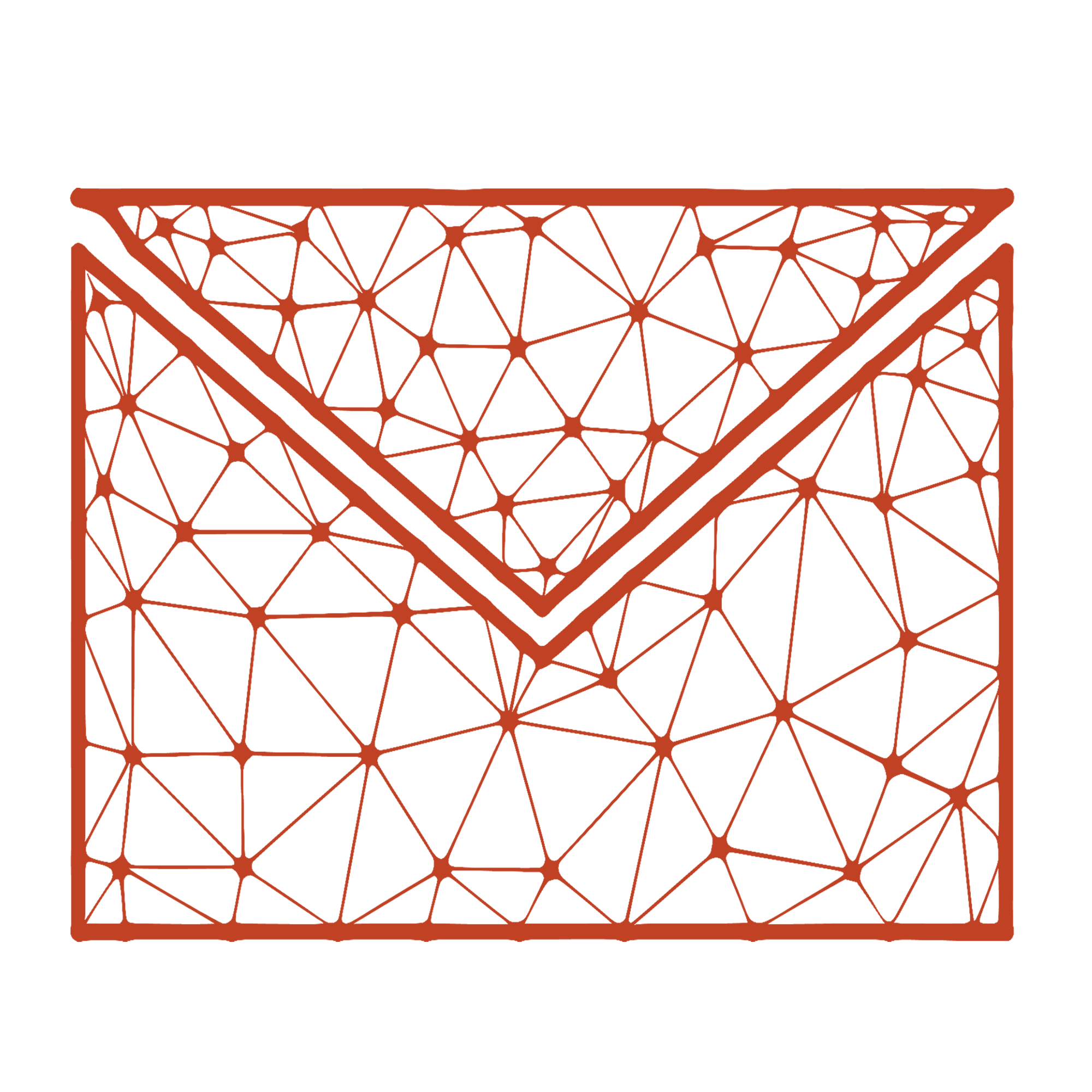 Stylized outline of an envelope with a geometric, web-like pattern in shades of brown on a black background.