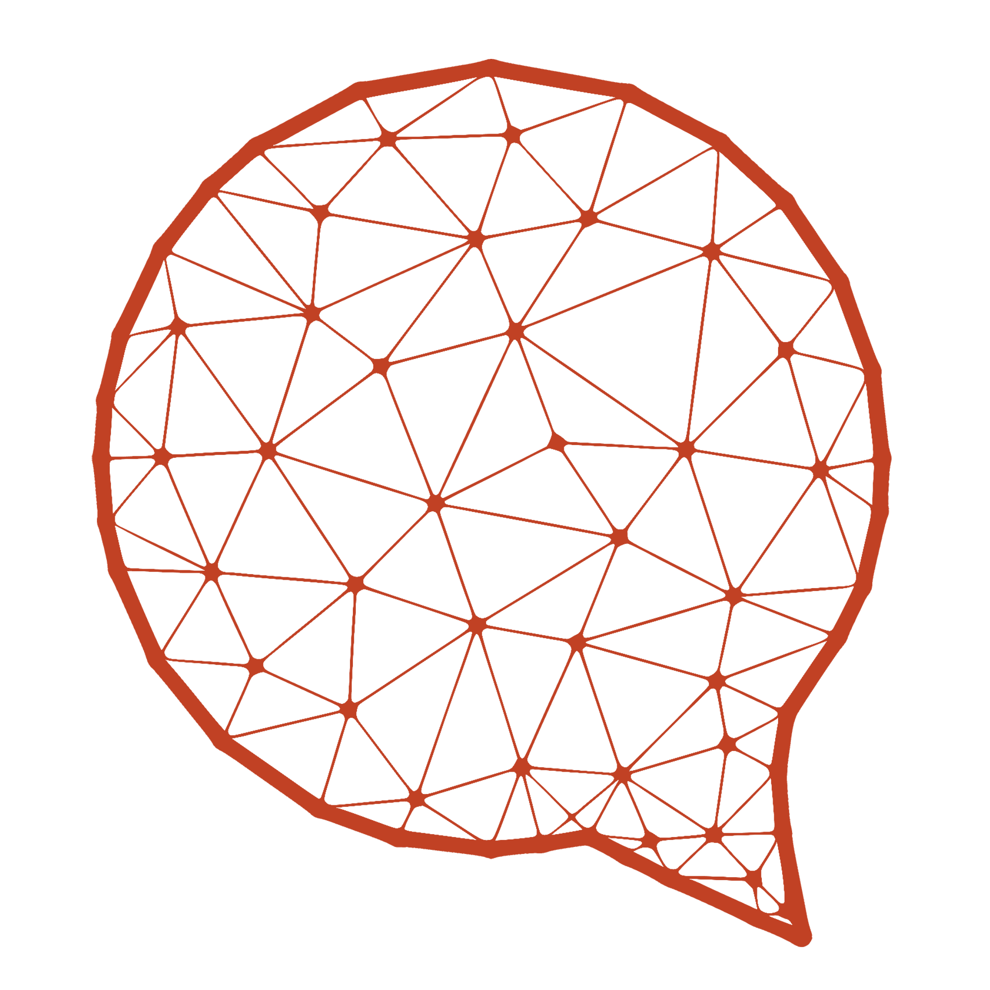 A stylized speech bubble with interconnected lines and nodes, drawn in reddish-brown on a black background.