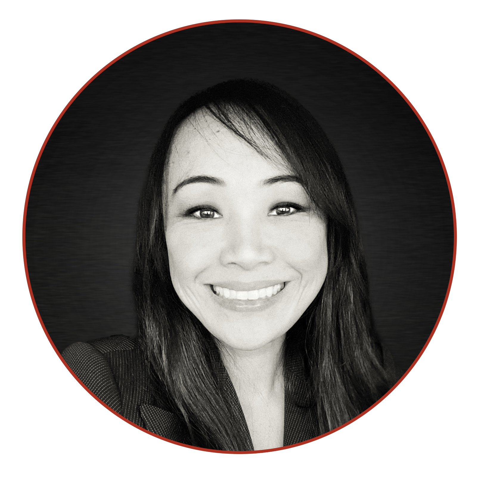 Black and white headshot of Diamond Kim, a smiling woman with medium-length dark hair, wearing a dark blazer.