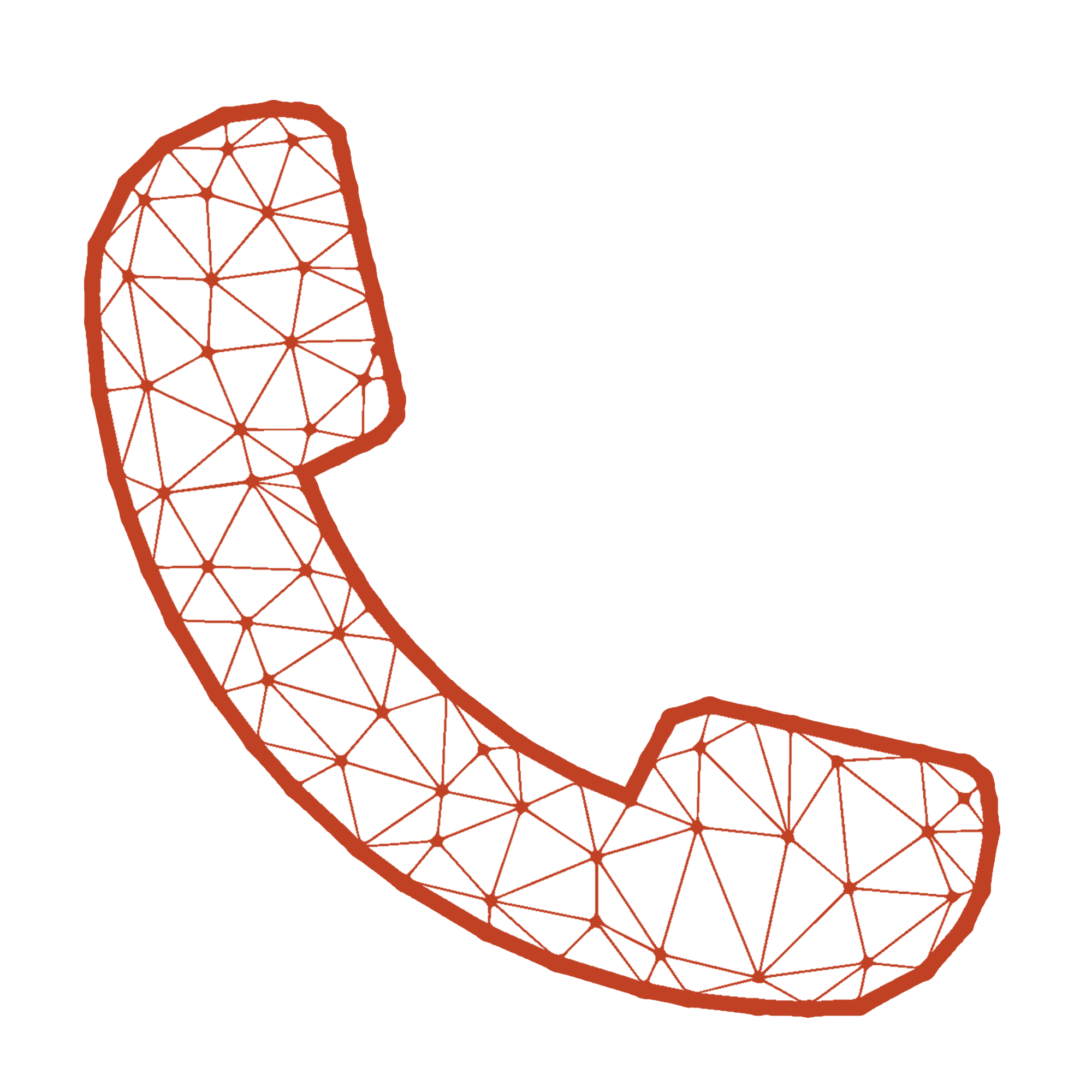 Illustration of a telephone receiver with a mesh-like pattern, outlined in brown on a black background.