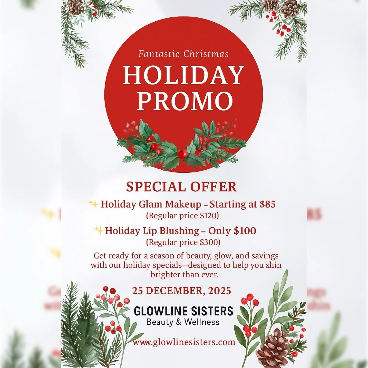 The holidays just got a whole lot brighter! 🎁✨
Glowline Sisters is offering limited-time beauty deals:
💄 Holiday Glam Makeup &ndash; starting at $85
💋 Lip Blushing &ndash; only $100
Book now and shine your brightest this Christmas! 🌟

#glowlinesi