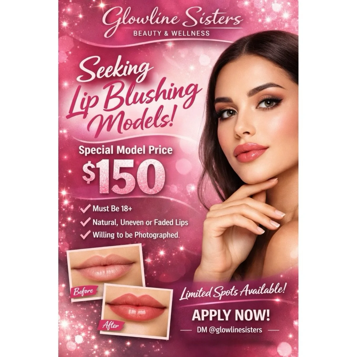 Attention ladies! we&rsquo;re looking for lip blushing models! 💕
If your lips are uneven, faded, or you want a &ldquo;your lips but better&rdquo; tint, this is for you.

✅ Model price: $150
✅ Must be 18+
✅ Must be okay with before/after photos

#Lip