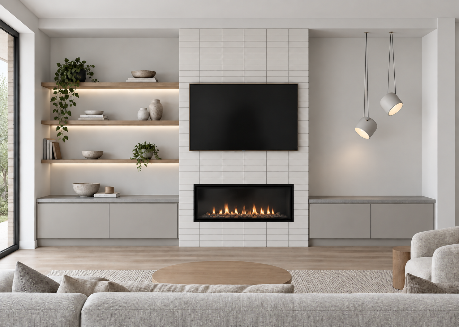 Modern living room with a wall-mounted flat-screen TV above a fireplace with flickering flames, minimalist built-in shelves with decorative items and plants, hanging pendant lights, neutral-colored furniture, and a sliding glass door to the outside.