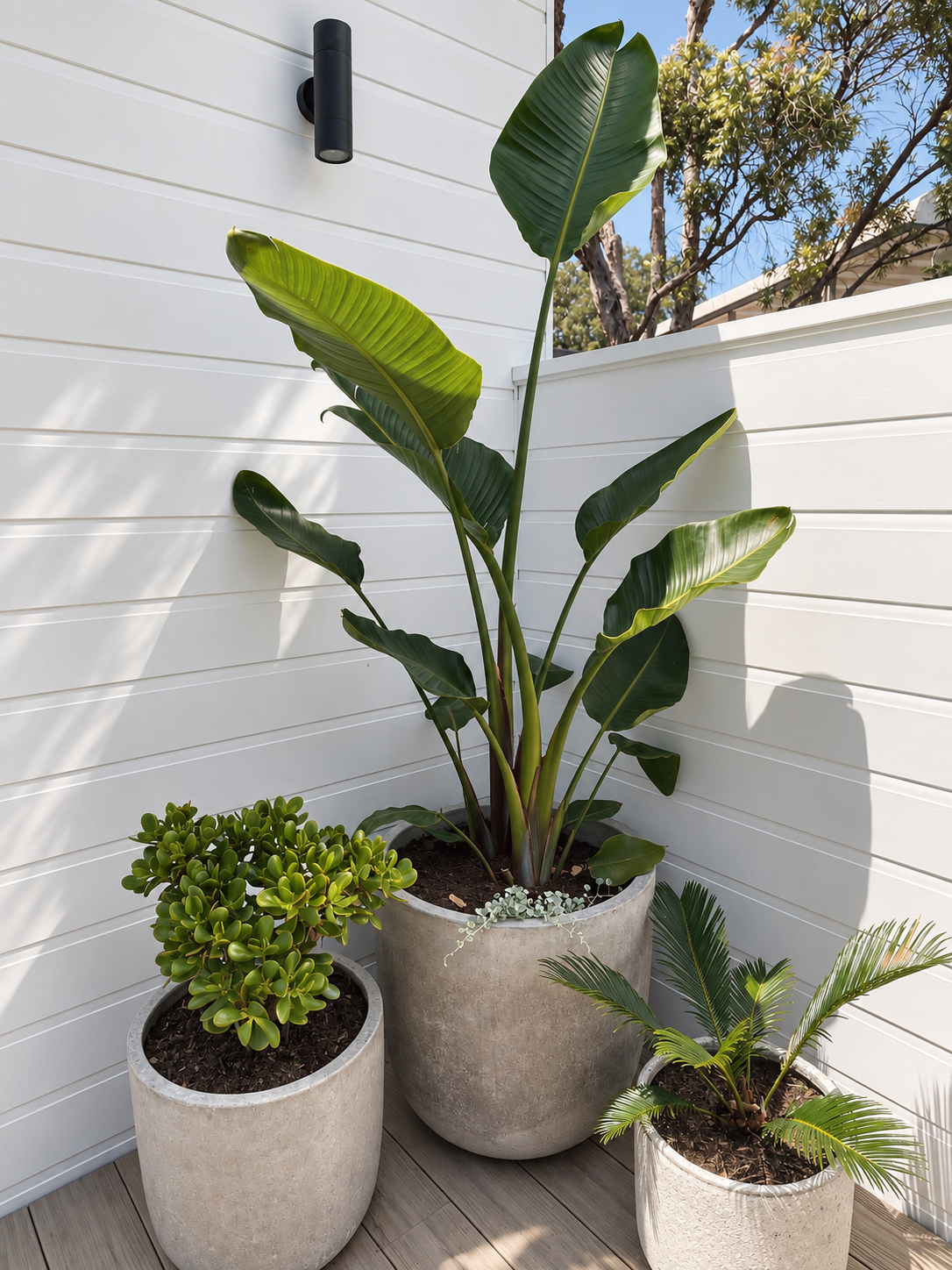 Three potted green plants on a wooden deck against a white wall with shadow play and a vent light fixture, with trees visible in the background.