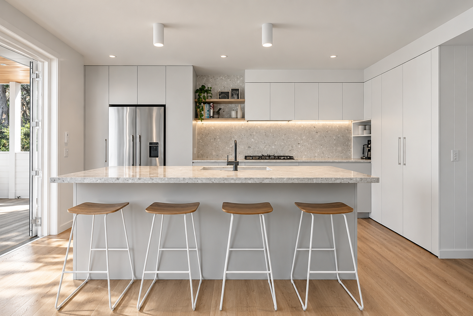 Modern kitchen with white cabinets, marble island, stainless steel refrigerator, and four wooden bar stools