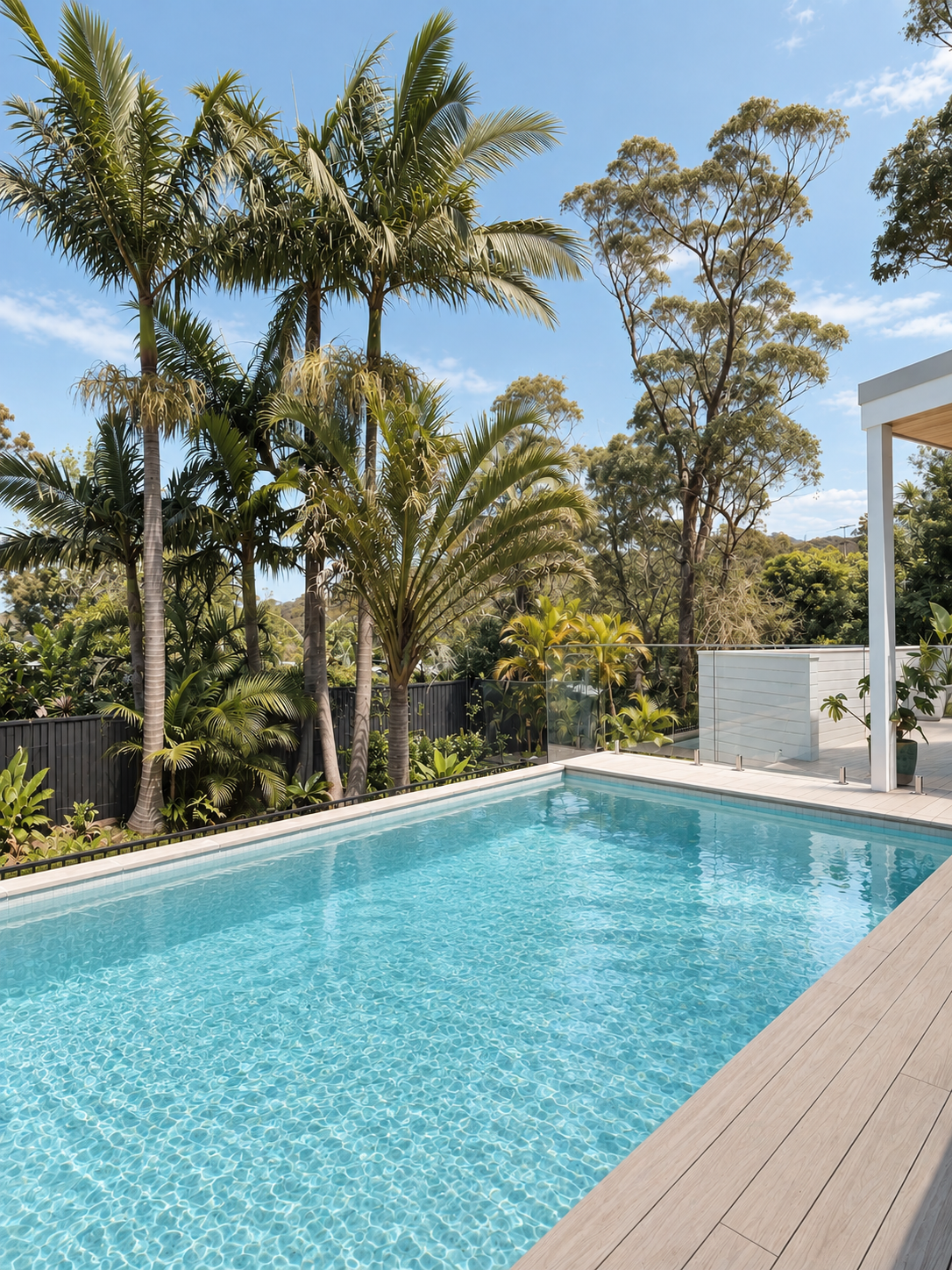 A backyard swimming pool surrounded by tropical trees and plants, with a clear blue sky overhead.