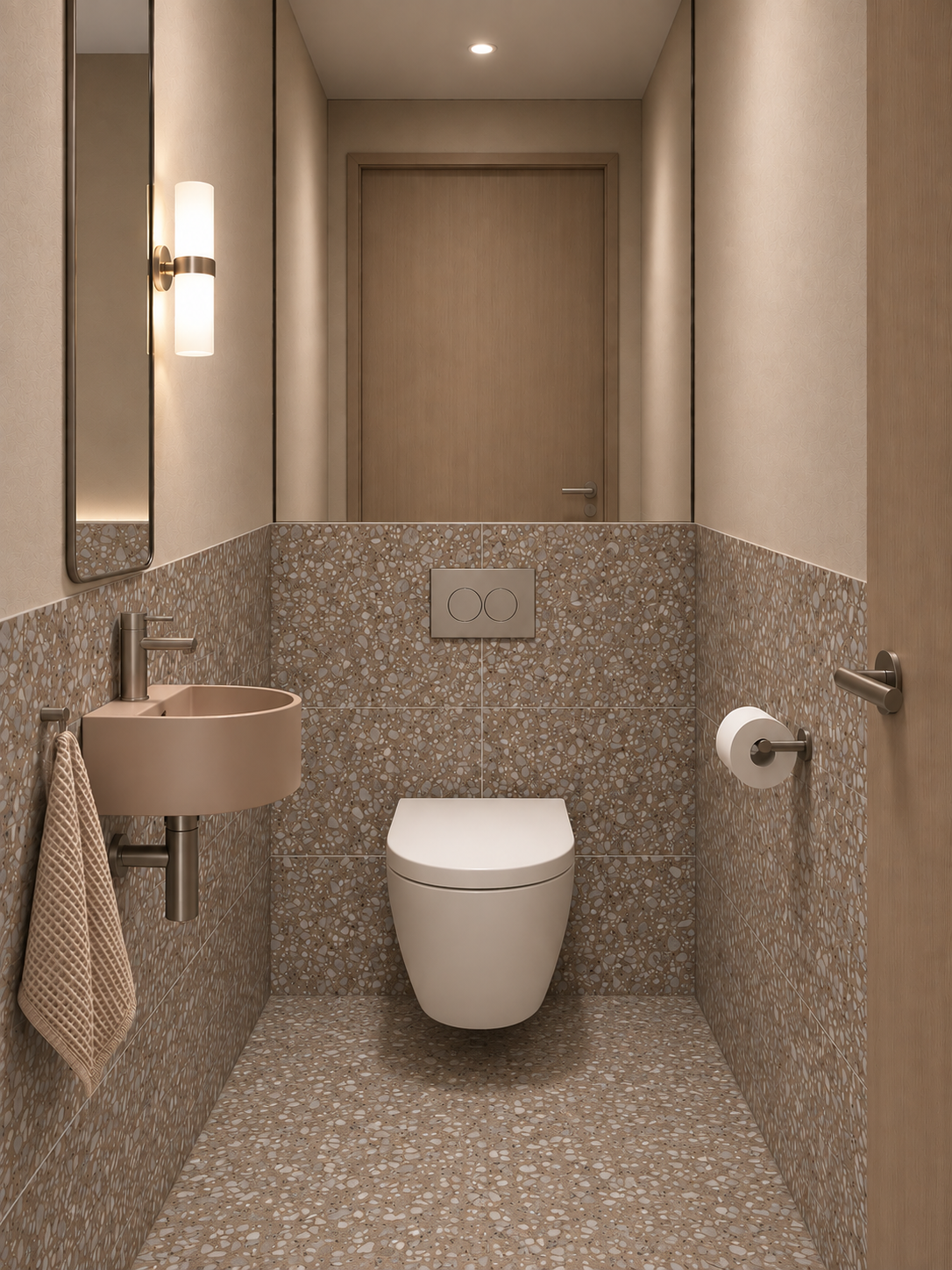 Modern bathroom with beige terrazzo tiles, a wall-mounted toilet, a small beige sink, a mirror, and minimalistic fixtures.