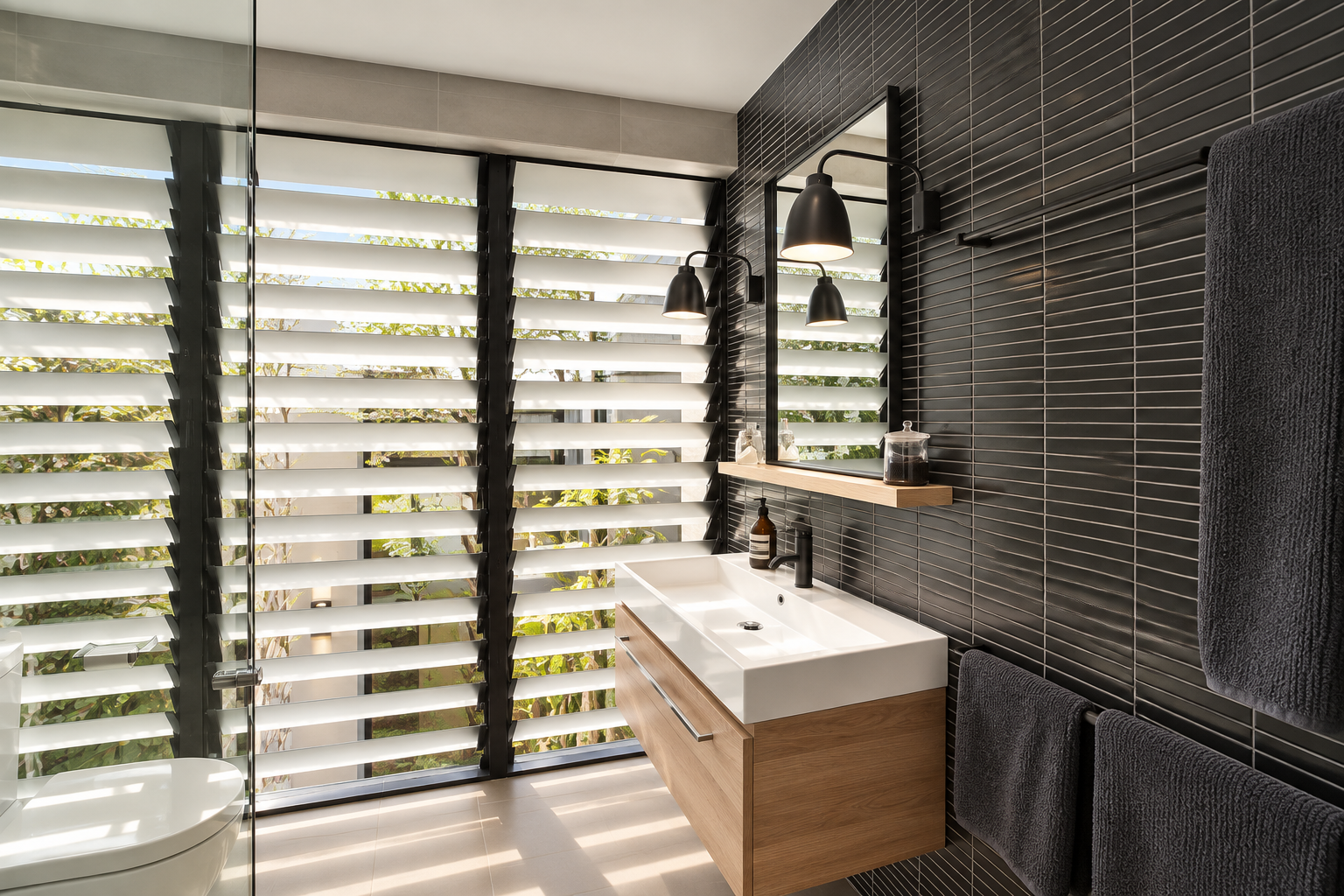 Modern bathroom with black window shutters, black tiled walls, a white sink with wooden cabinet, gray towels, and black hanging lamps.
