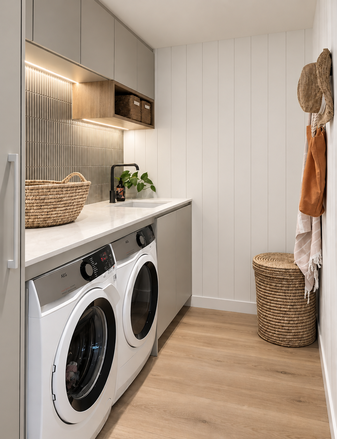 Laundry room with washer and dryer, countertop with a woven basket, sink with black faucet, small plant, and cabinets. Wicker basket and hangers with clothes on the right side.