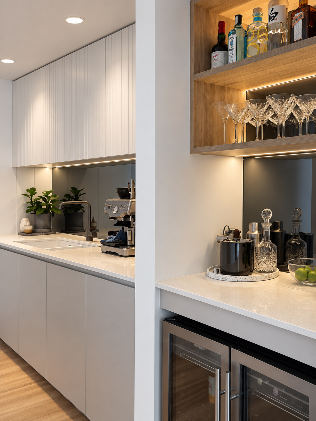 Modern kitchen with white cabinetry, a marble countertop, and built-in wine refrigerator. Decor includes potted plants, glassware, and bottles on open shelves, with warm lighting.