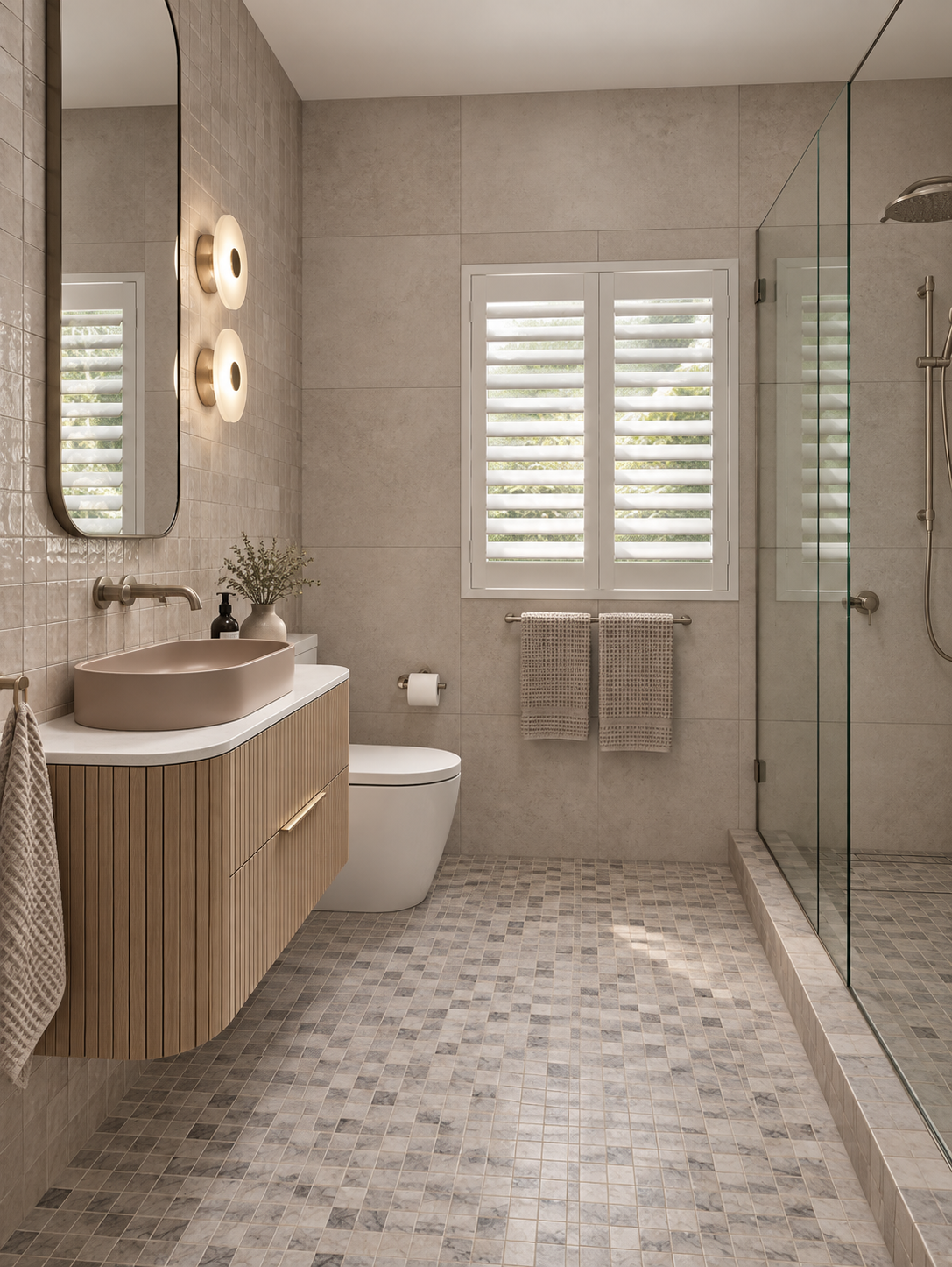 Modern bathroom with beige tiles, a wooden vanity with a beige sink, a mirror, wall-mounted lights, a toilet, two towels on a window-mounted towel rack, a window with white shutters, and a walk-in shower with a glass door and showerhead.