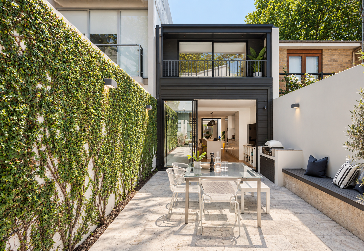 Modern outdoor patio with a glass dining table, white chairs, and a built-in bench with pillows, adjacent to a white wall with outdoor lighting, green plants, and a black grilling station, with the house interior visible through large sliding glass d