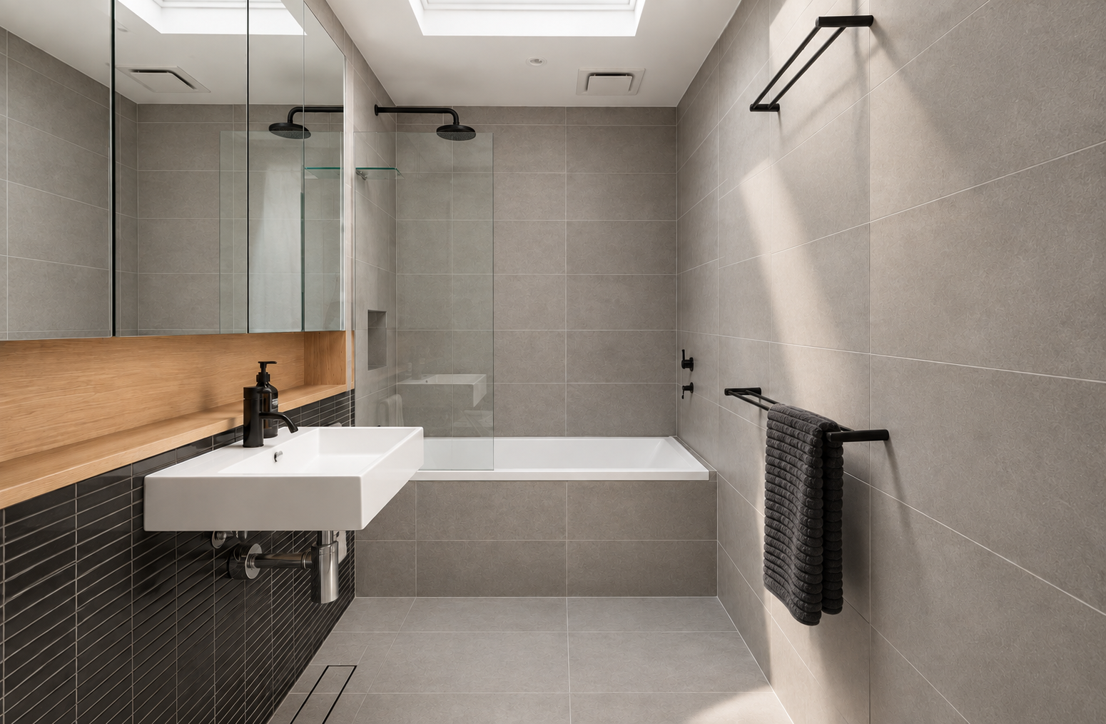 Modern bathroom with gray tiled walls and floor, black fixtures, a white rectangular sink, a black soap dispenser, glass shower screen, overhead showerhead, and black towel bars with a dark gray towel.