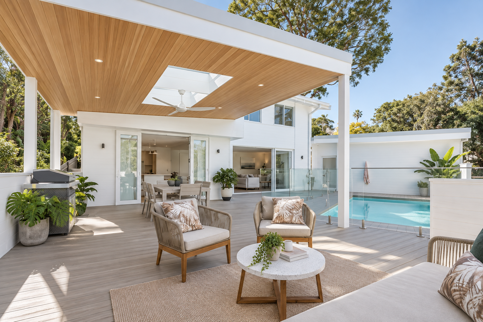 Outdoor entertaining area with a swimming pool, lounge chairs, a dining table, potted plants, and a wooden ceiling, part of a modern house with sliding glass doors and a glass railing