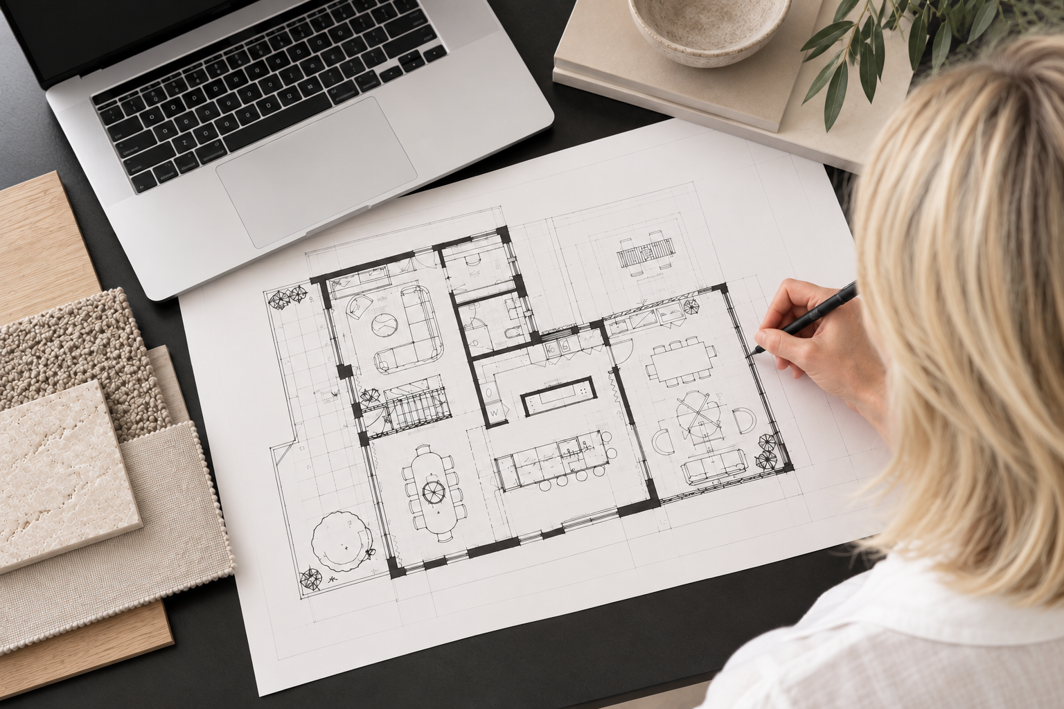 Person working on a detailed house floor plan with a laptop, fabric samples, and design materials on the desk.