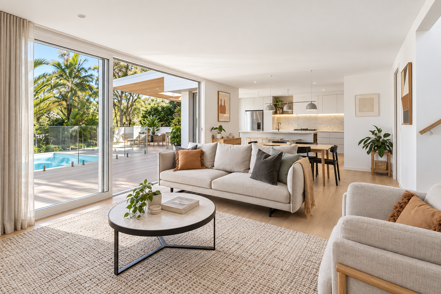 Bright living room with beige sofa, grey armchair, round coffee table, and sliding glass doors opening to a deck area with outdoor furniture and a pool, surrounded by lush greenery.