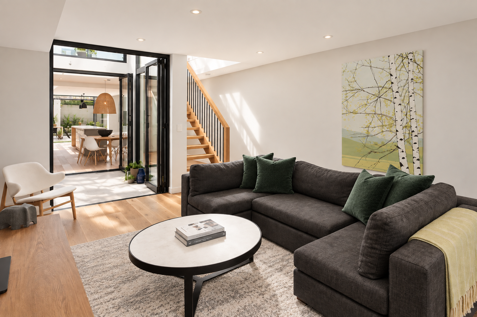 Modern living room with grey sectional sofa, green pillows, abstract landscape painting, round white coffee table with books, white armchair, with sliding glass door opening to an outdoor dining area.