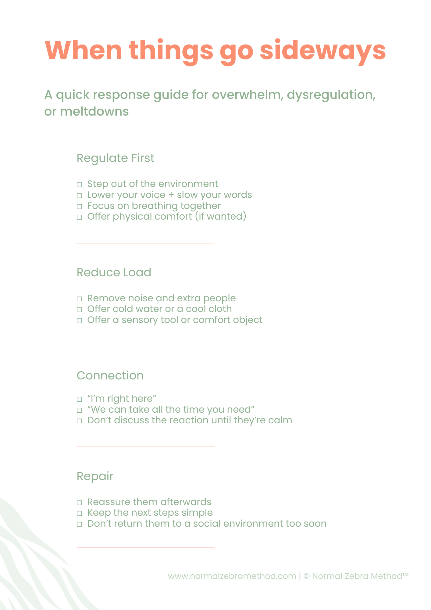 Preview image of the “When Things Go Sideways” quick-response guide from the Holiday Survival Toolkit, offering calm support for overwhelm and meltdowns.