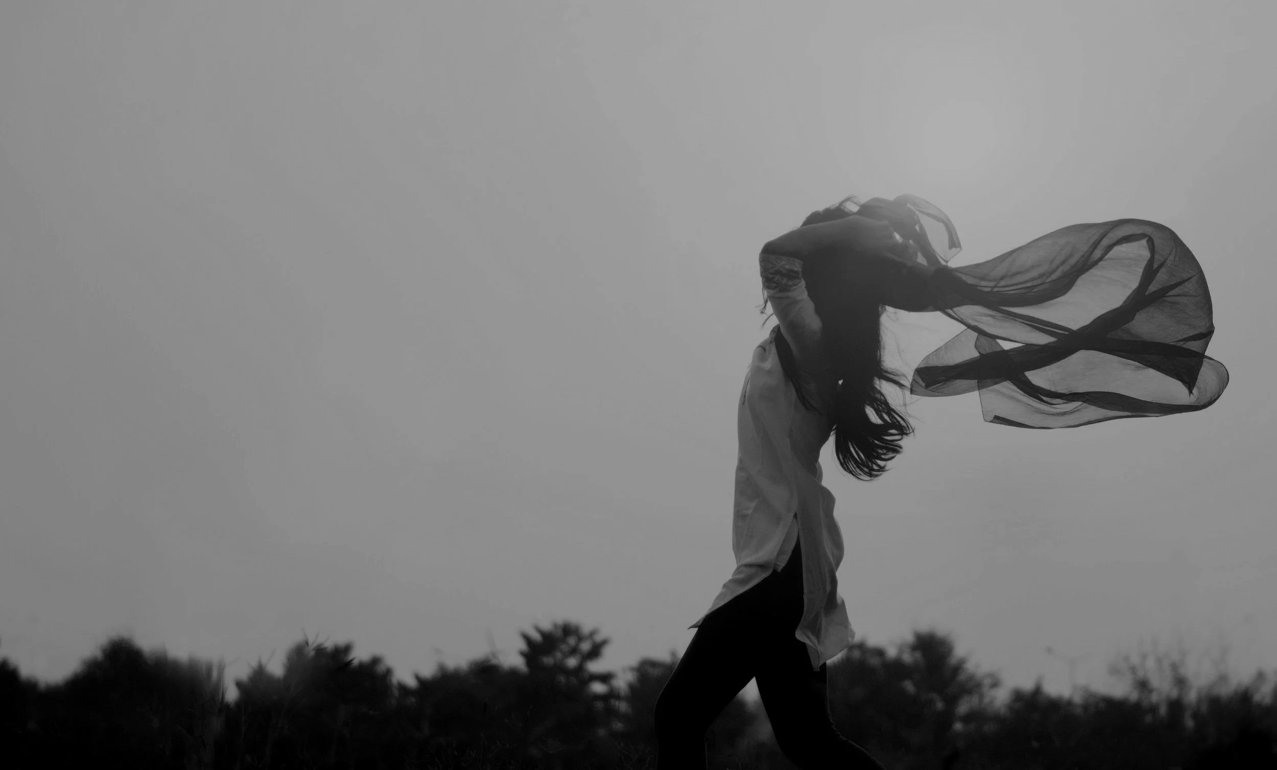 A woman standing outdoors in a field during the evening, with her head turned back and her long hair flowing, holding a semi-transparent scarf that billows in the wind.