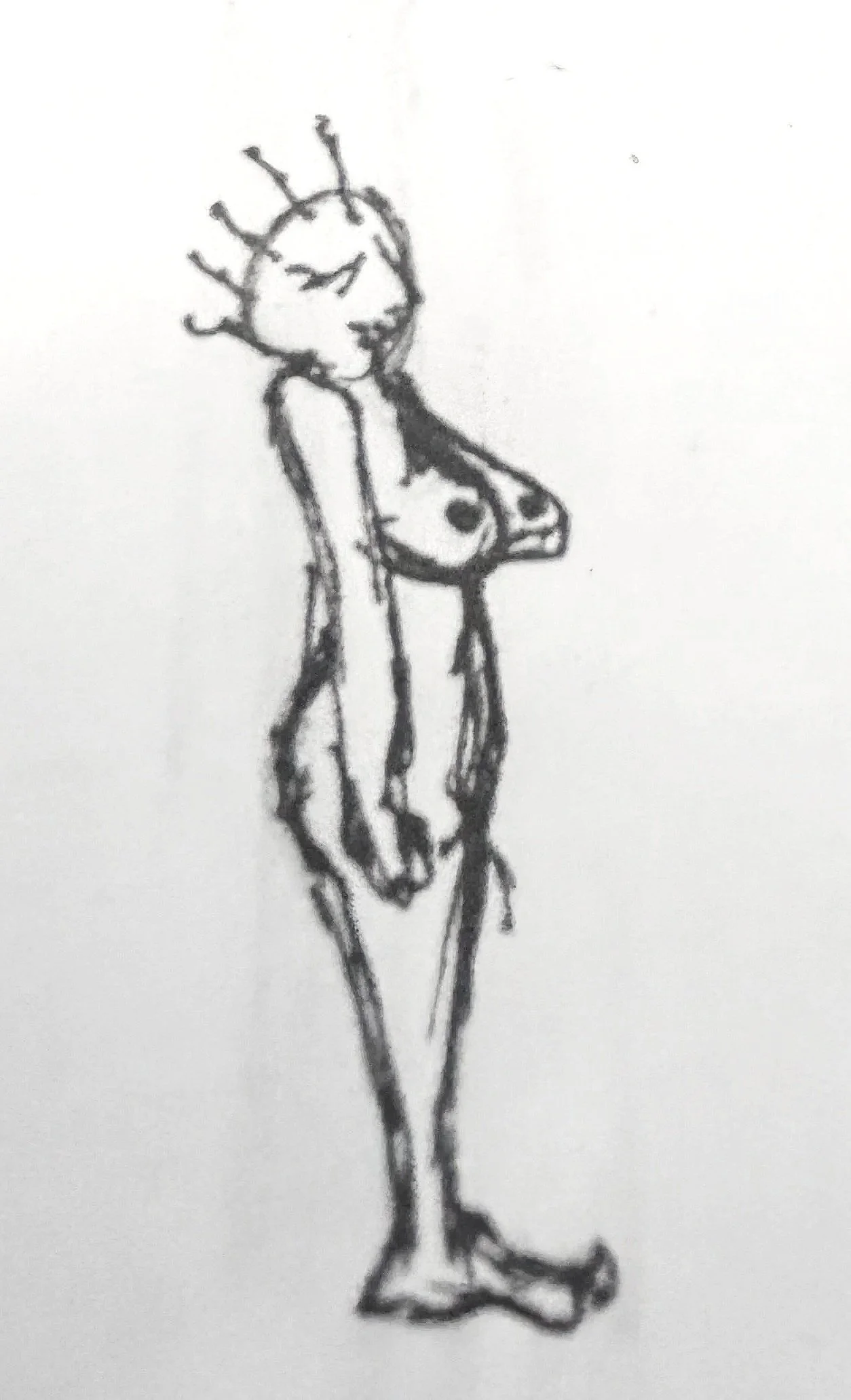 A black and white sketch of a person with a crown-like hairstyle, holding a dog, with the dog’s head resting on their shoulder, both facing to the right.