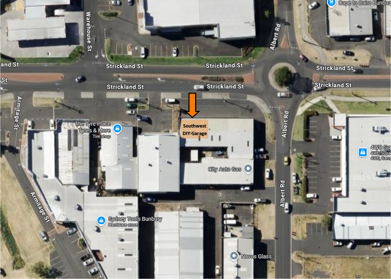 Aerial view of an intersection with labeled streets, businesses, and a highlighted area indicating a Southwest DIY Garage between City Auto Gas and Sydney Tools Bunbury, with surrounding parking lots and buildings.
