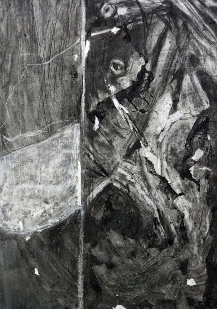 Fish. Collage, charcoal and spray glue on canvas mounted on wooden panel, 30x42cm