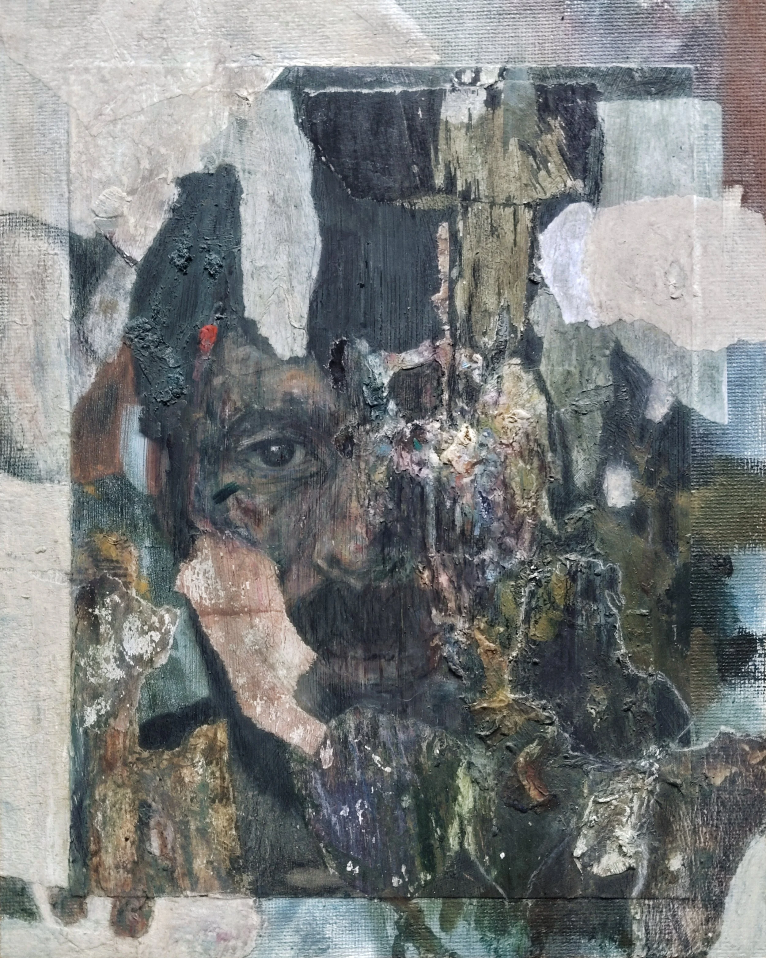 David. Collage, acrylics, oil pastels, and coloured pencils on canvas mounted on wooden panel, 20x30cm