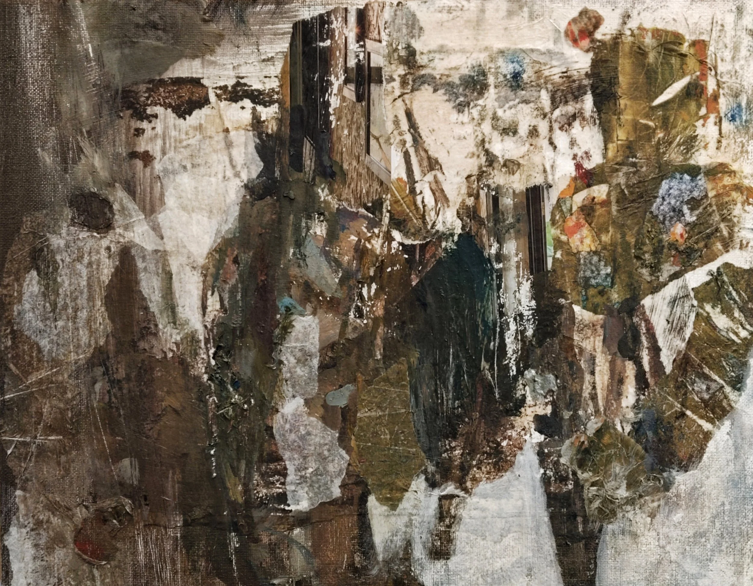 Untitled. Collage, acrylics, pastels on canvas mounted on wooden panel, 20x25cm