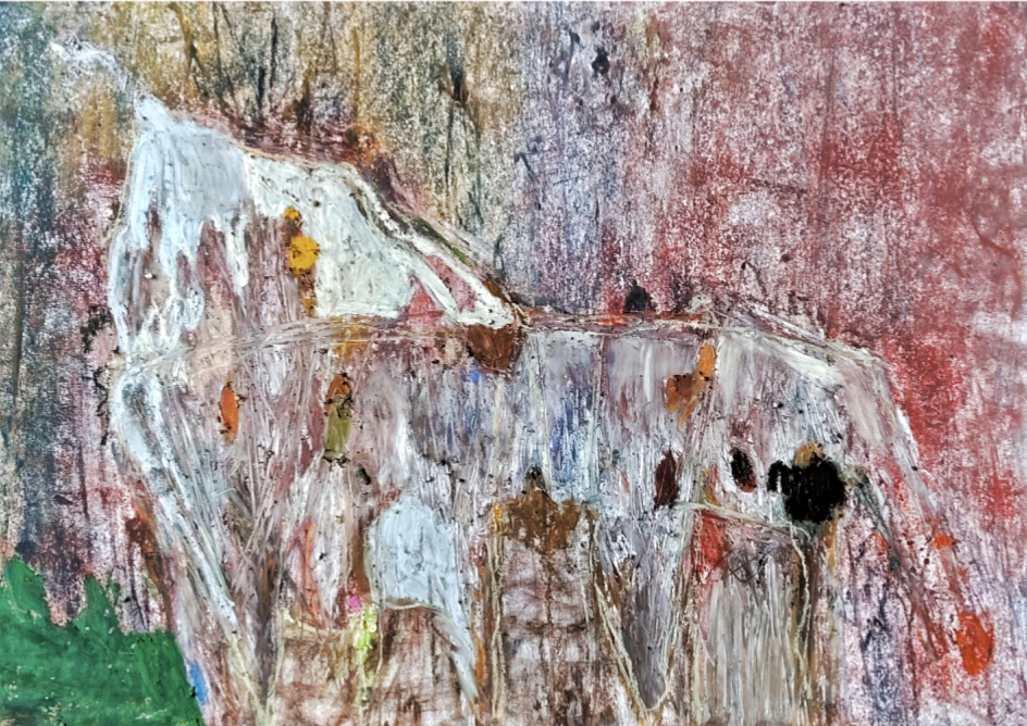 Cow in a field. Oil pastels on paper, 30x42cm