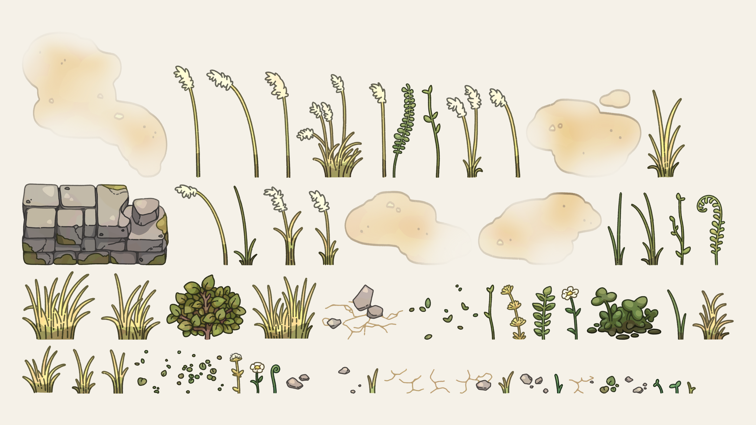 Original Everwell environment artwork lined up at a shared scale, including grasses, flowers, shrubs, ground details, and ruined stonework.