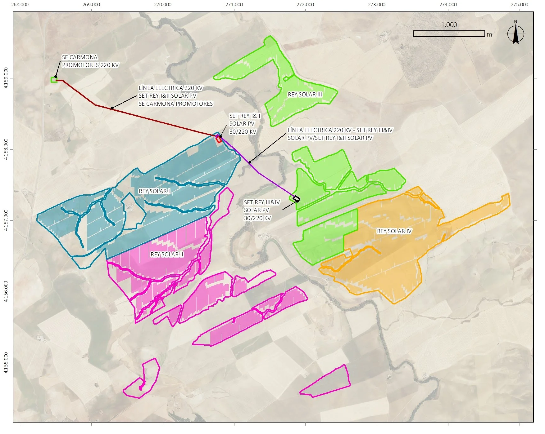 Mapa de infraestructura eléctrica con diferentes líneas y subestaciones, incluyendo áreas destacadas en color verde, azul, rosa y naranja, con etiquetas de componentes y conexiones de energía solar y eléctrica.