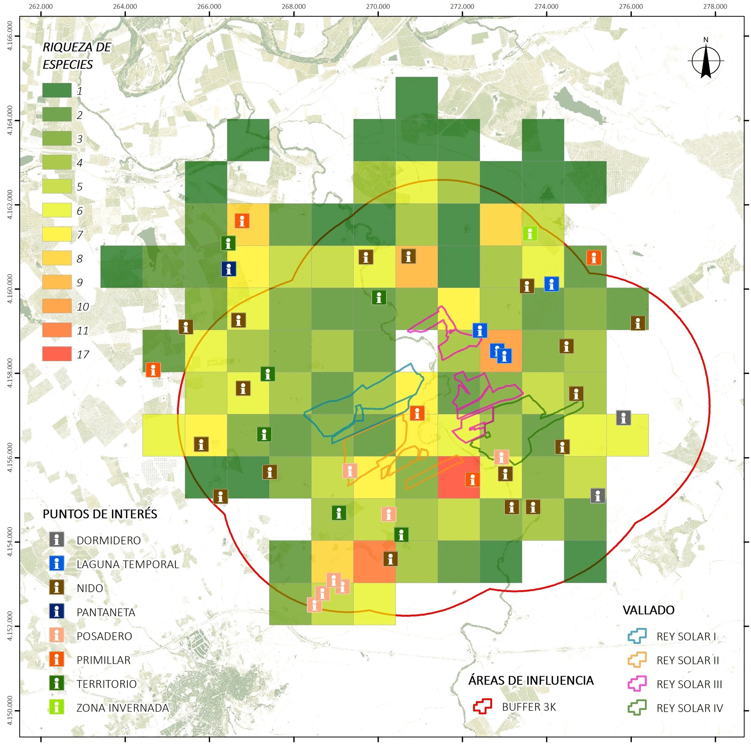 Mapa de distribución de especies y puntos de interés en un área, con zonas de influencia y áreas de influencia etiquetadas con diferentes colores y leyendas.