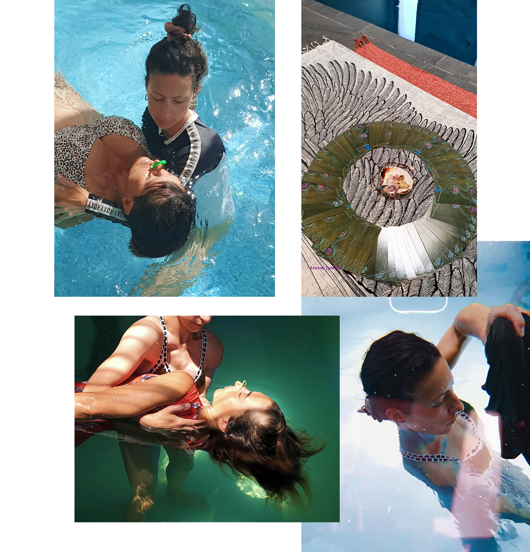 Galerie d'images de soins aquatique de La Maison de l'O à Saint-Malo. Constellation aquatique. Une thérapeute aquatique accompagne des clients dans leur immersion. corps reposés et en paix. respiration lente. immersion. alignement.