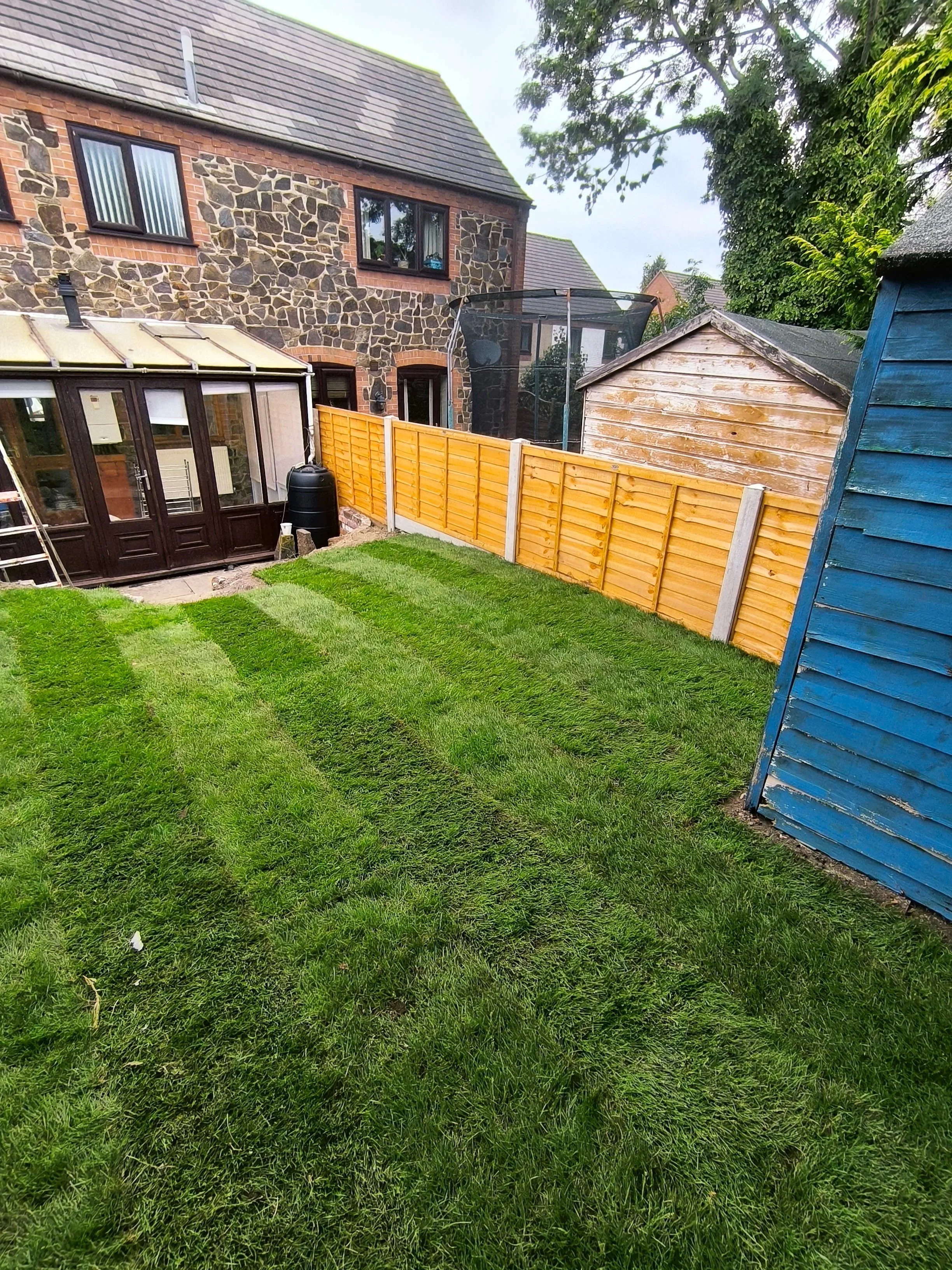 A backyard with neatly mowed grass, a wooden fence, a greenhouse attached to the house, and a small wooden shed. There is a tree in the top right corner.