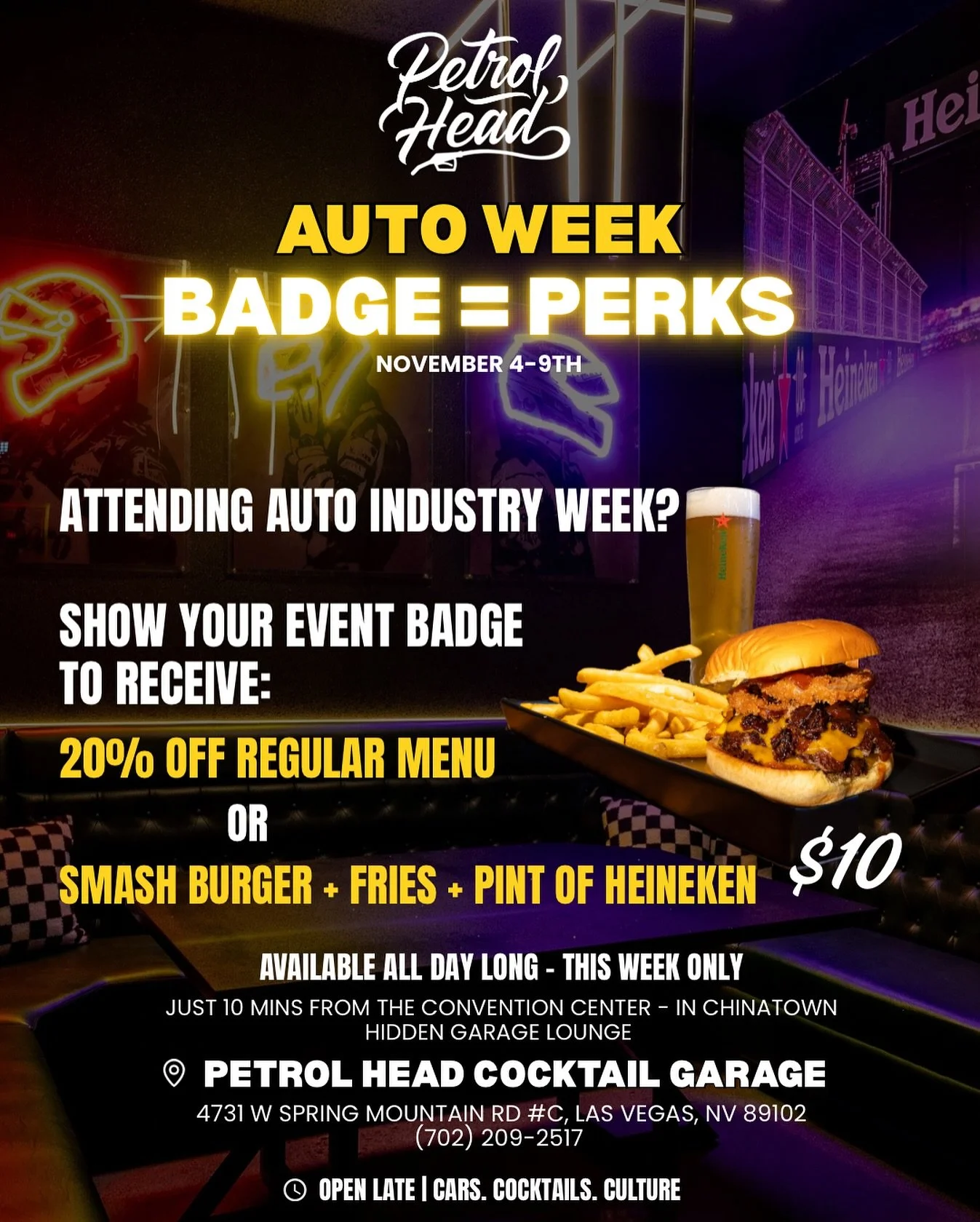 AUTO WEEK = BADGE PERKS 🏁

In town for Auto Industry Week? Flash your event badge and fuel up at our cocktail garage.

🔥20% OFF all regular food &amp; drink menu items 

🍔 $10 Smash Burger + Fries + Pint of Heineken 🍺

Available all day, this wee