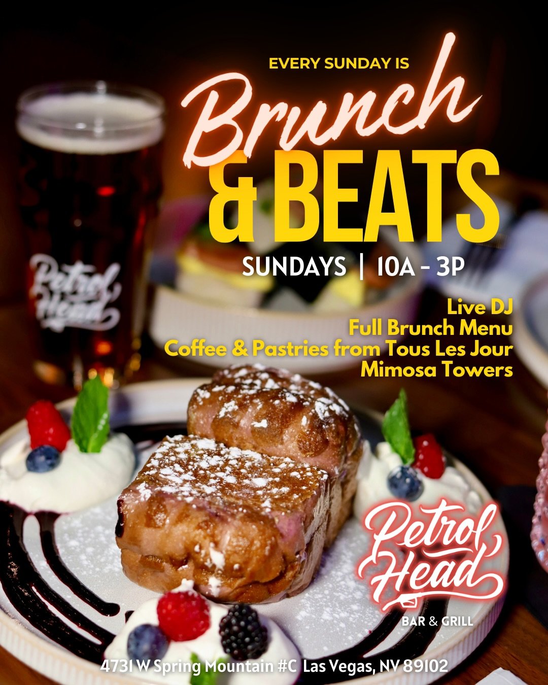 Weekend warm-up, garage-style 🏁

Every Sunday is Brunch &amp; Beats at 📍Petrol Head

🎤 Live DJ
🍳 Full brunch menu
🍾 Mimosa towers 
+ coffee &amp; pastries from Tous Les Jours ☕️

Sundays | 10AM&ndash;3PM
10 minutes from the strip in Chinatown
Pe