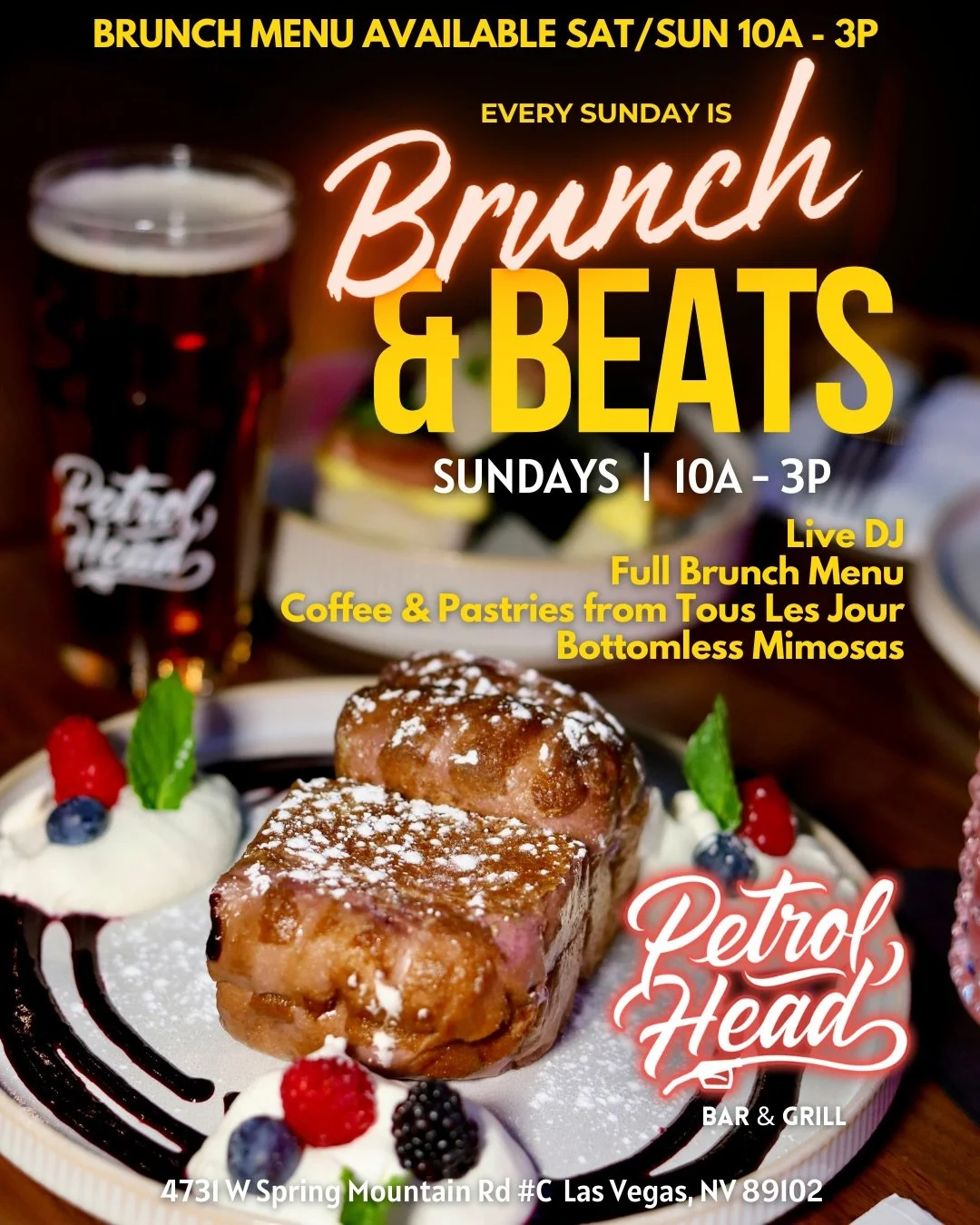 Brunch is officially on 🏁🍳🥂

Every Saturday &amp; Sunday, 10a&ndash;3p at 📍Petrol Head Bar &amp; Grill

🧇 New brunch items - breakfast flatbread, acai bowls
☕️ Pastries + coffee by Tous Les Jours
🥂 Bottomless Mimosas + drink specials
🎧 Sundays