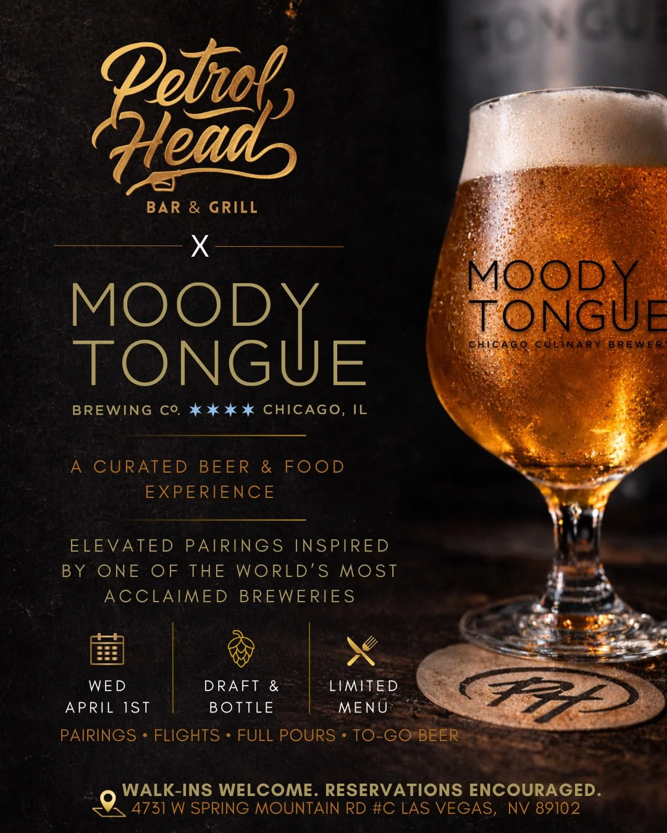 One night only ✍️

Join us for a curated evening with Moody Tongue Brewing Co. 🍻

Explore premium draft &amp; bottle selections, thoughtful food pairings, and a limited menu designed for the night 🍽️

🗓️ April 1st, Wednesday
🕥 Starts at 5p

Perfe