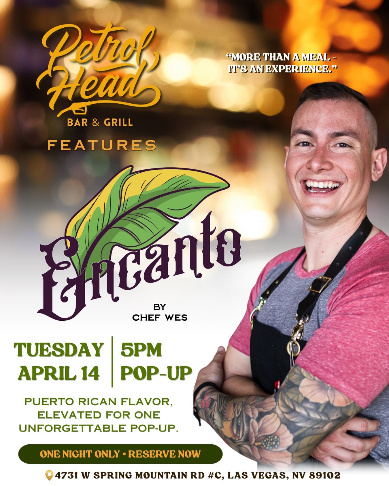 Encanto by Chef Wes lands at Petrol Head 🇵🇷🍻

✨ One-night-only culinary experience with @wes_thechef 
👉Tuesday, April 14
🕦 5pm

Expect elevated Puerto Rican dishes packed with bold island flavor, Spanish tunes all night, &amp; featured cocktails