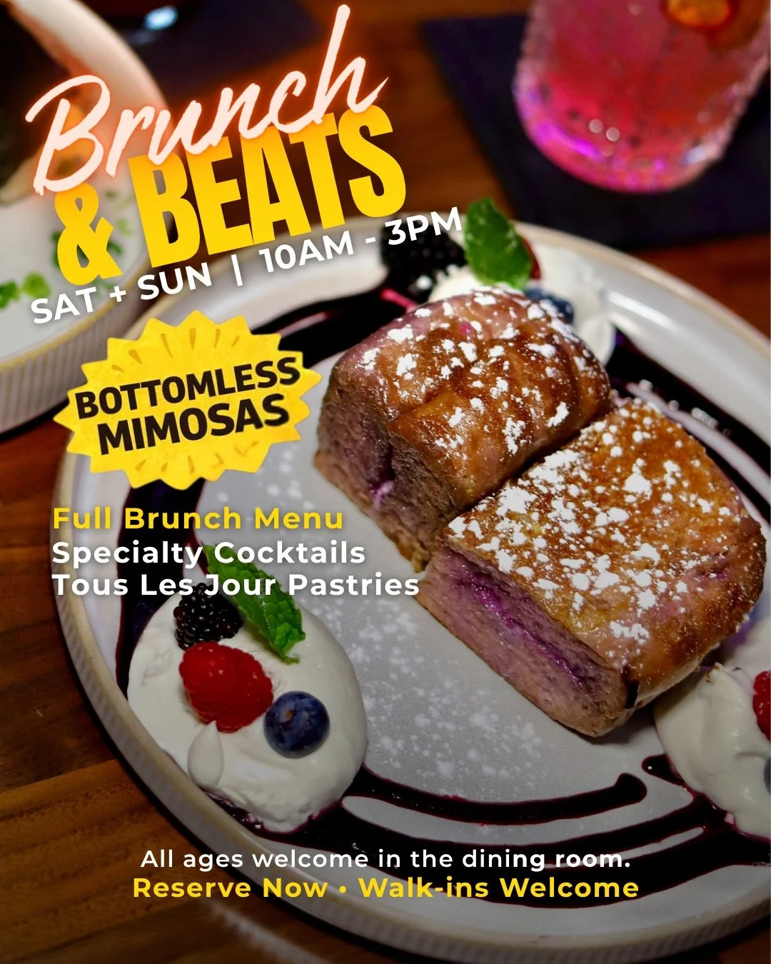 Weekend tune-up: BRUNCH &amp; BEATS
Sat + Sun | 10am-3pm

🍾 Bottomless Mimosas
🥐 Brunch Plates + Pastries
🍹 Cocktails That Hit

Pull up for a proper weekend reset&mdash;good food, strong pours, and a vibe that feels equal parts brunch spot &amp; g