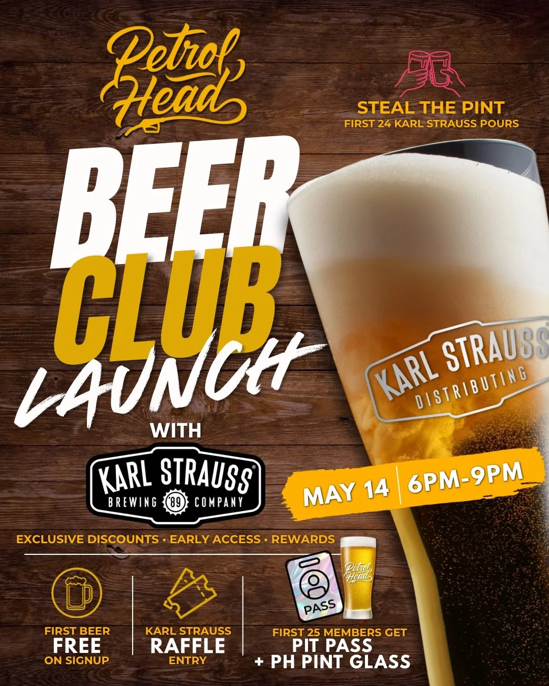 Introducing the Petrol Head Beer Club 🍺🏁

We teamed up with @karlstraussbeer to kick off a membership built around good beer, exclusive perks, &amp; community 🤝

Come enjoy their TAP TAKEOVER, including our one-off Petrol Head Blonde Ale 😎🍺

✨Ki