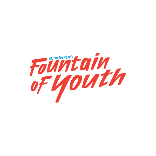 Text im Stil des 80er-Jahre-Designs mit den Worten 'Fountain of Youth' in roter Schrift auf schwarzem Hintergrund.
