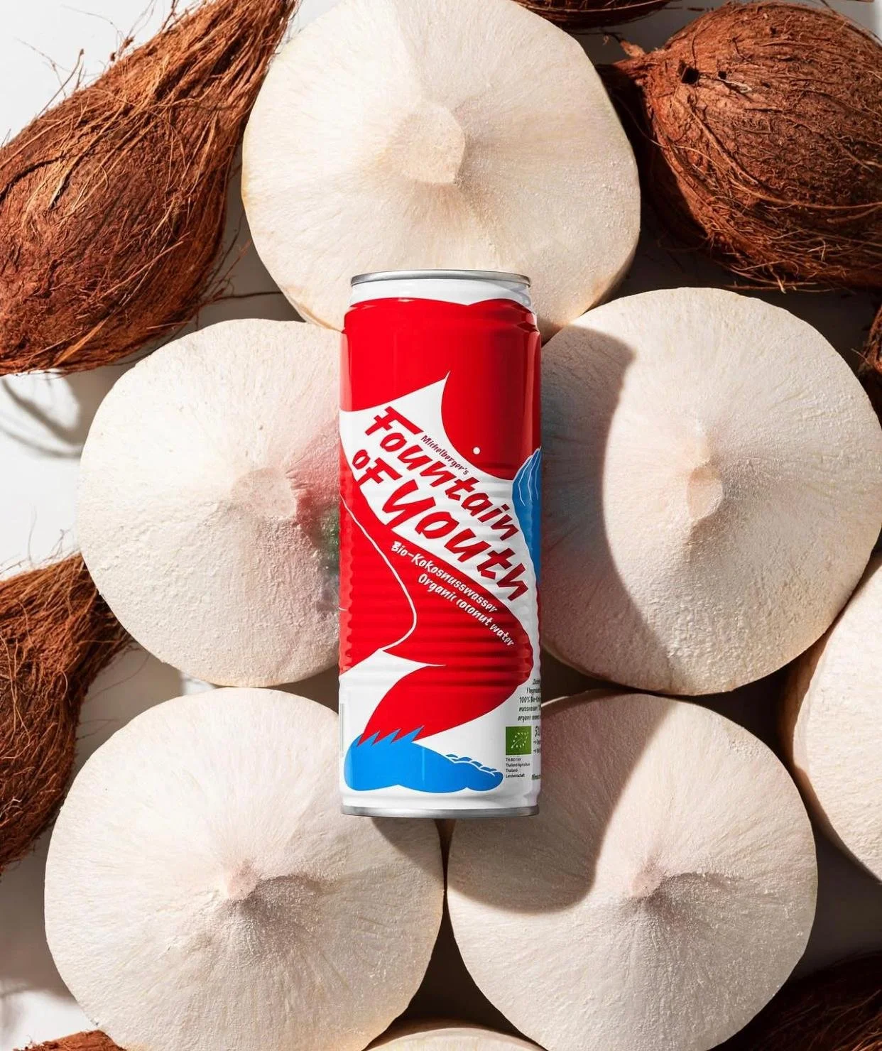 Ein rotes Getränkedose mit weißem und blauen Design liegt auf weißen und braunen Kokosnüssen.