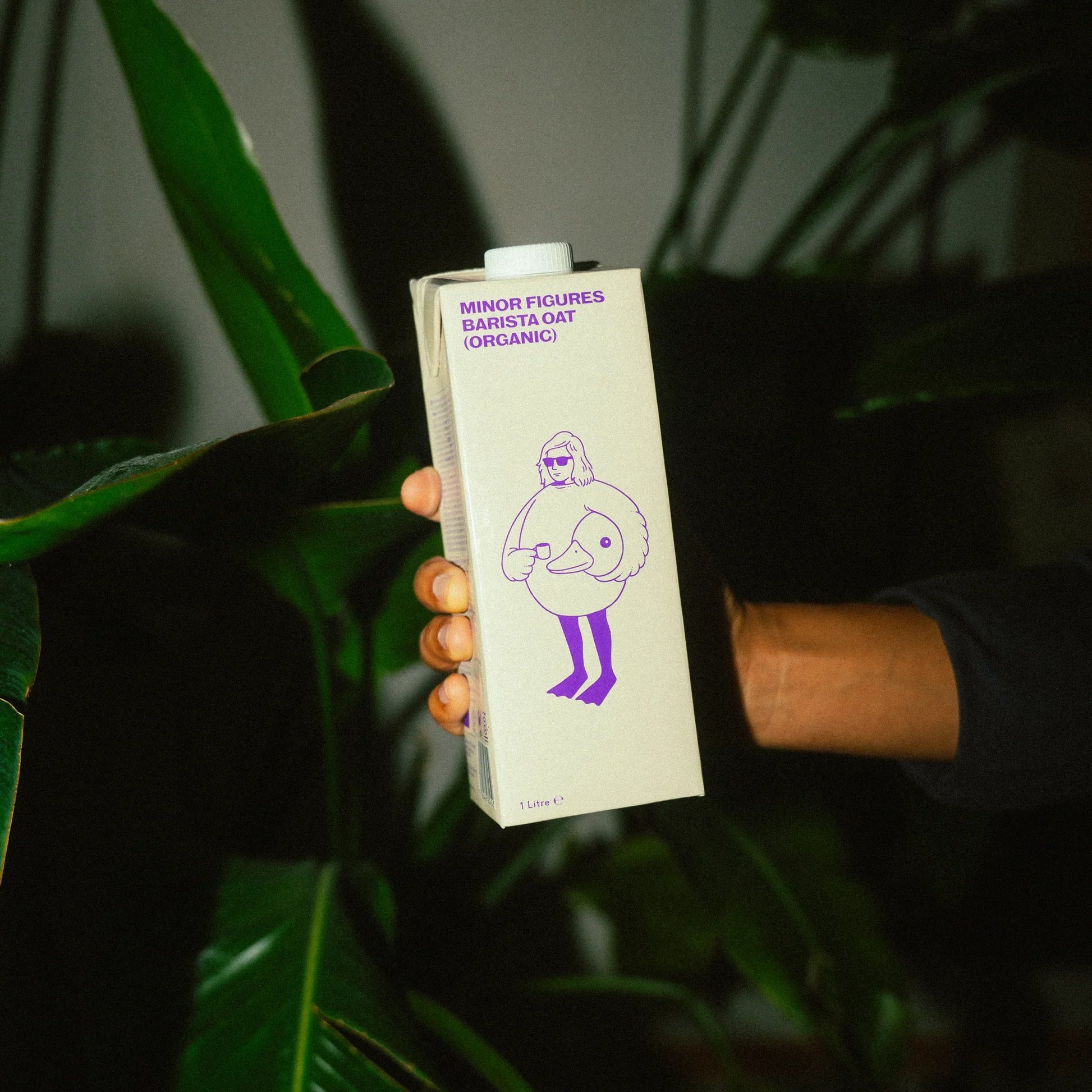 Hand hält eine Essecke-Getränkekarton mit einer Illustration einer Frau mit Sonnenbrille, einem Ducky-Körper und einem Wein glas in der Hand, vor grünen Pflanzen.