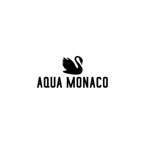 Logo mit einer schwarzen Schwanen-Silhouette und dem Text 'Aqua Monaco' darunter.