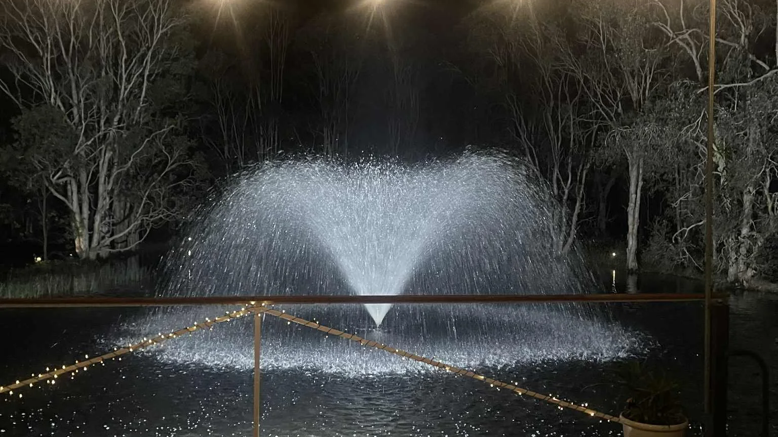 Nighttime scene of a water fountain with a spray pattern resembling a heart, illuminated by white lights, surrounded by trees and a string of small lights along a railing.